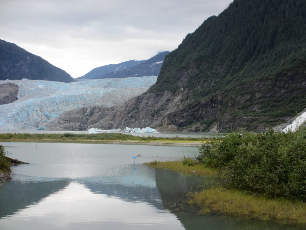 Mendenhall Glacier and Lake with Nugget Falls on the far right