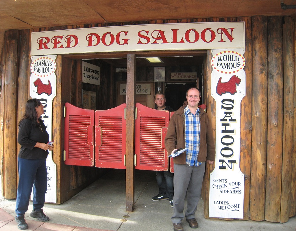 Erik Tomren in front of Red Dog Saloon, Juneau, Alaska.