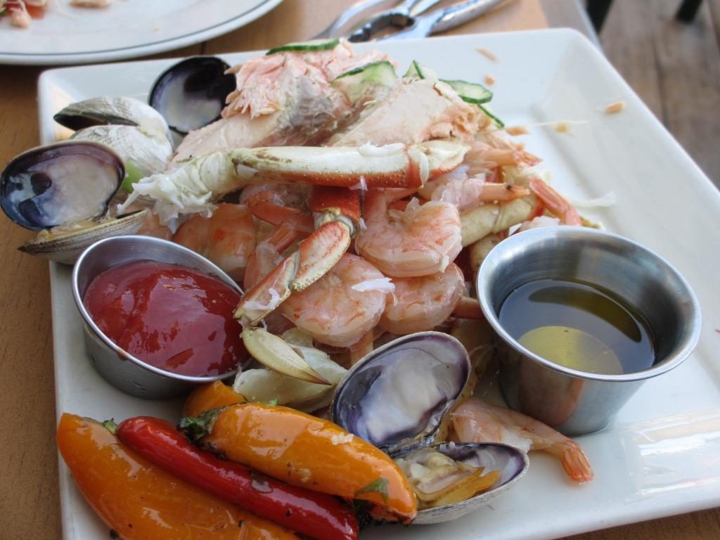 Shrimp, clams, crab legs and steelhead trout.
