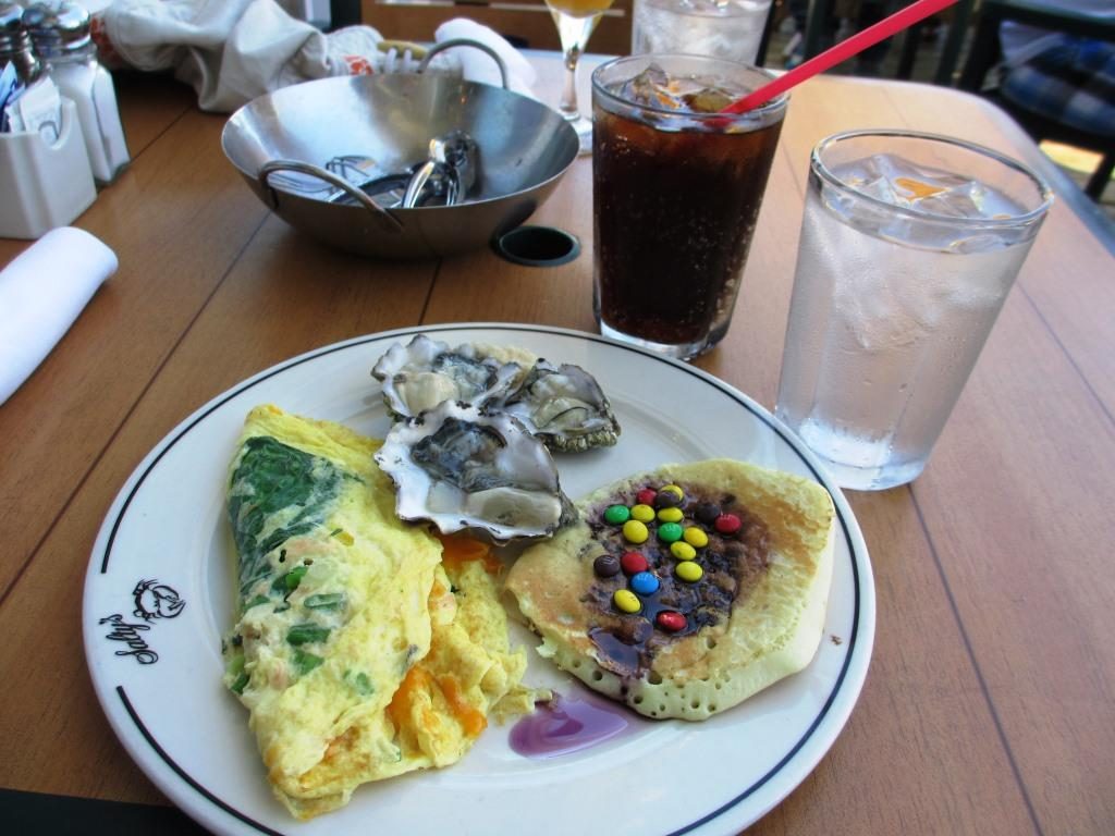 Crab and smoked salmon omelet, raw oysters, chocolate silver dollar pancakes with blueberry syrup.