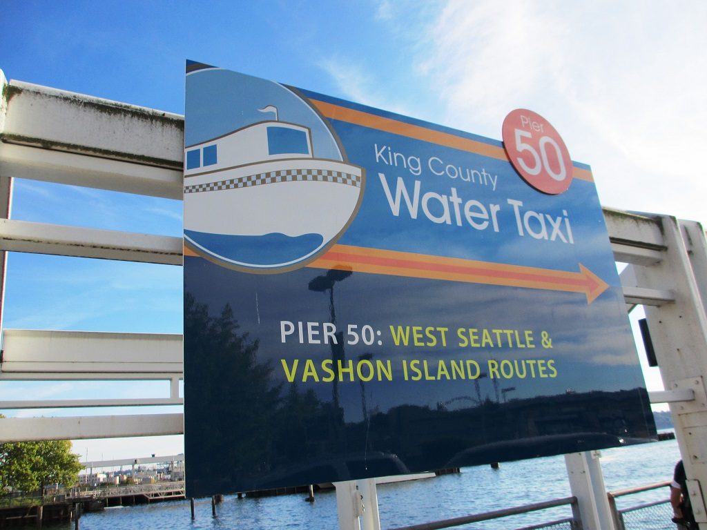 Sign for the King Count Water Taxi, at Pier 50 in downtown Seattle.