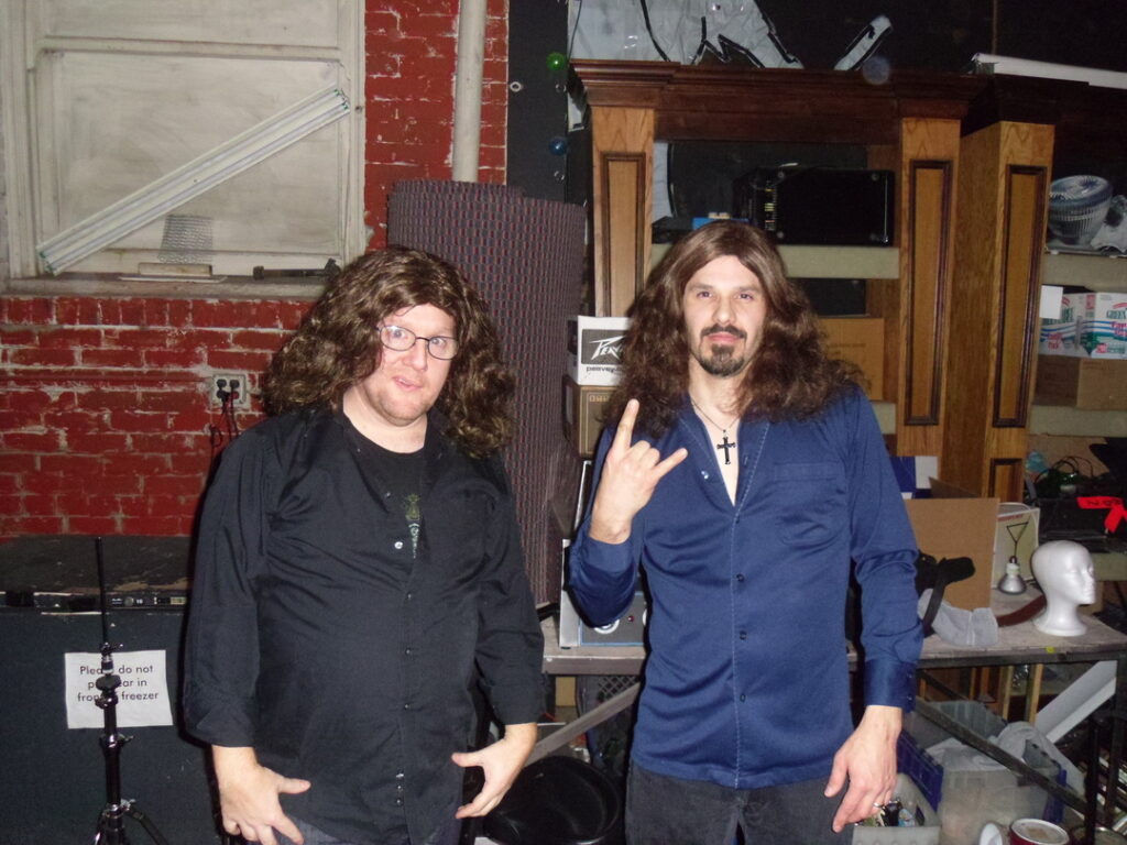 Bob Crow (bassist) and Scott Tatman (drummer) of Seattle-based Black Sabbath tribute Bastard of Reality. Backstage preparing for a show.